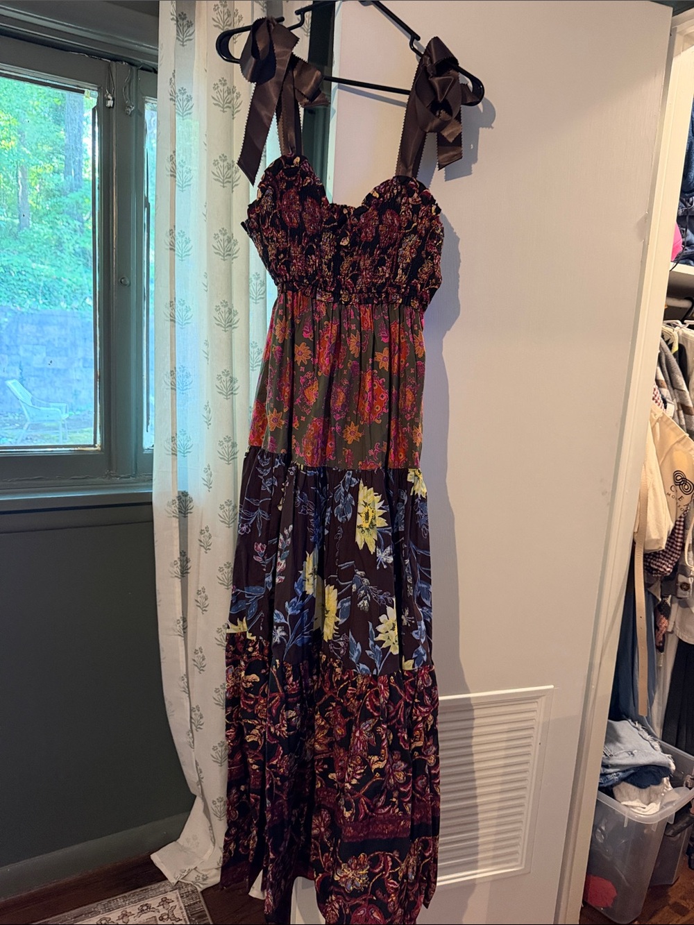 Free People Brown Multi Floral Tiered Maxi Dress with Ribbon Straps